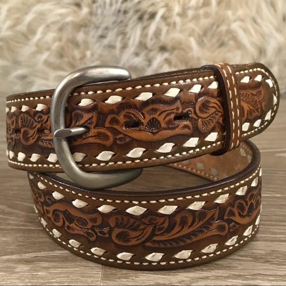 Nocona Accessories - Nocona tooled leather western cowboy belt brown